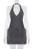 Halter Neck Faux Fur Trim Dress