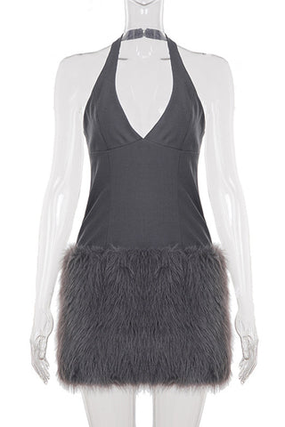 Halter Neck Faux Fur Trim Dress