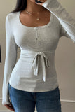 Tie-Waist Button-Front Long Sleeve Top