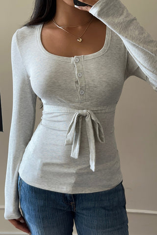 Tie-Waist Button-Front Long Sleeve Top