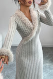 Fur-Trimmed Ribbed Midi Dress