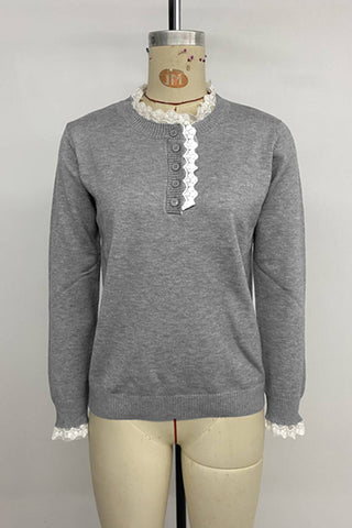 Lace-Trim Button-Up Sweater