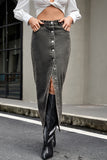 Button-Front Denim Midi Skirt