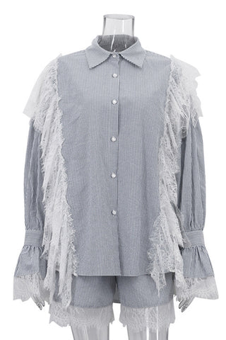 Lace-Trim Button-Front Short Set