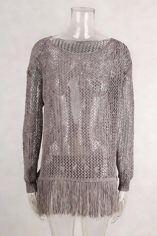Off-Shoulder Mesh Fringe Cover-Up