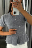Short-Sleeve Peplum Sweater with Pearl Details