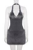 Halter Neck Faux Fur Trim Dress