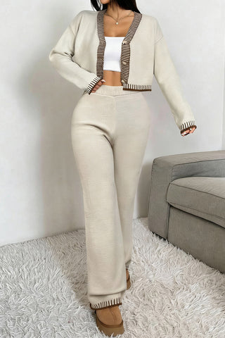 Stylish Cropped Knit Cardigan and Pants Set
