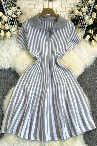 Polo Neck Striped Casual Mini Dress