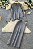 Ribbed Frayed Hem Skirt Set