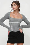 Ribbed Long-Sleeve Blouse with Lace Detail