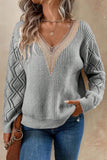 V-Neck Knit Sweater with Lace Accents