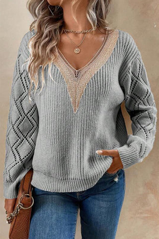 V-Neck Knit Sweater with Lace Accents
