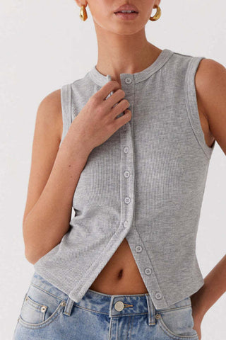 Button-Front Sleeveless Crop Top