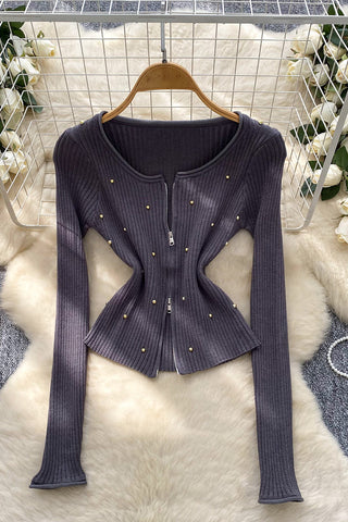 Zip-Front Long Sleeve Top with Studs
