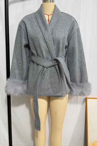 Belted Wrap Jacket with Fur Cuffs