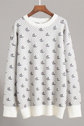 Patterned Knit Crewneck Sweater