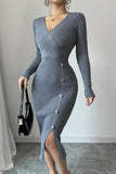 V-Neck Buttoned Casual Dress