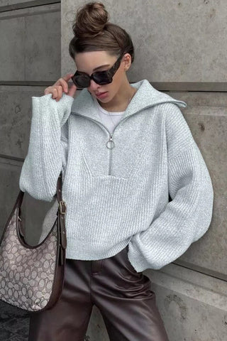 Zip-Front Sweater with Wide Collar