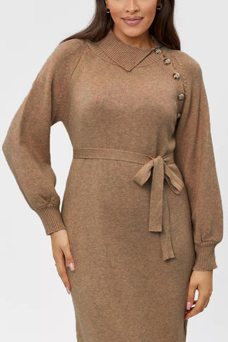 Tie-Waist Button Detail Sweater Dress