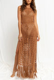 Sleeveless Crochet Dress with Fringe Hem
