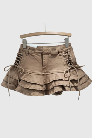 Layered Ruffle Lace-Up Mini Skirt