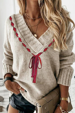 V-Neck Sweater with Decorative Ribbon