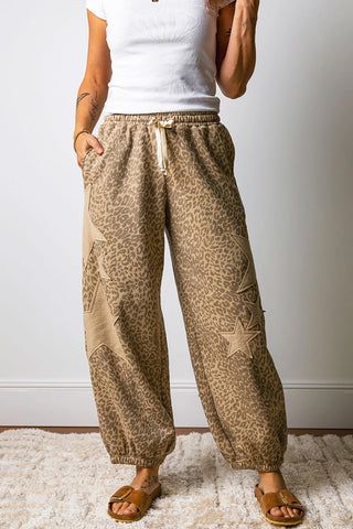 Leopard Star Patched Drawstring Jogger Pants