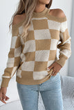 Open-Shoulder Checkered Sweater