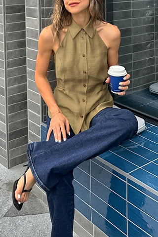 Collared Button-Front Tank Top