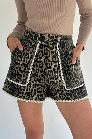 Leopard Contrast Trim Denim Shorts