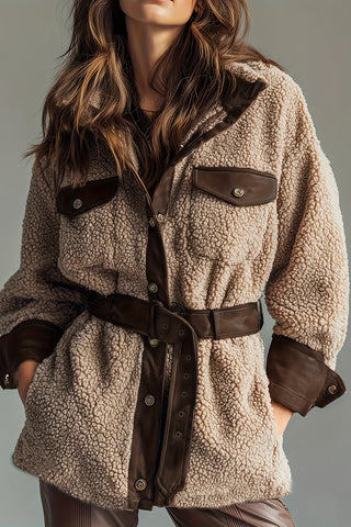 Belted Sherpa Jacket with Leather Accents