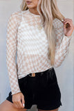 Black Checkered Pattern Mesh Mock Neck Long Sleeve Top