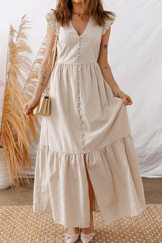 Stripe Flutter Sleeve Buttoned Slit Dress