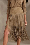 Fringe Hem Midi Skirt with Side Slit
