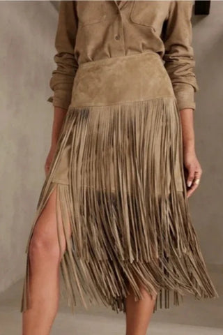 Fringe Hem Midi Skirt with Side Slit
