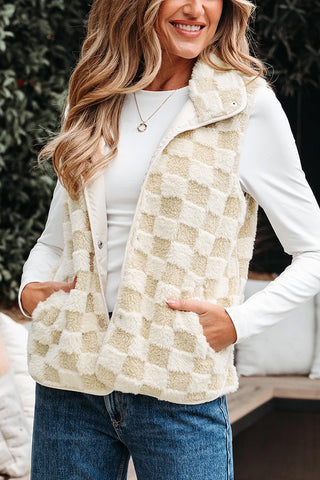 Checkerboard Snap Button Vest With Pocket
