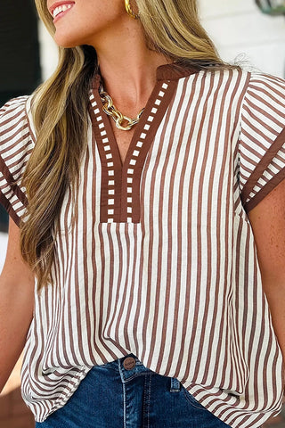 Striped Double Ruffle V Neck Blouse