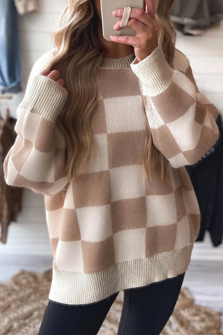 Checkered Pattern Ribbed Trim Sweater