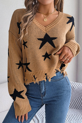 Star-Patterned Distressed Hem Sweater