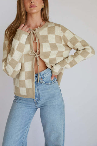 Checkered Tie-Front Cardigan