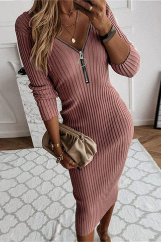 Zip-Front Ribbed Casual Dress