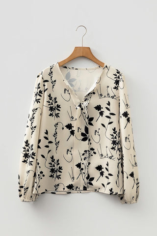 Floral Print Split Neck Long Sleeve Blouse