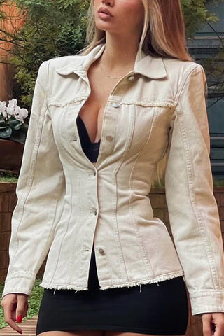 Frayed Hem Button-Front Denim Jacket