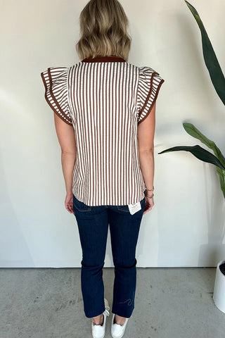 Striped Double Ruffle V Neck Blouse