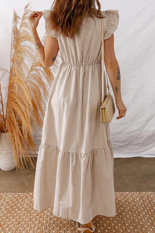 Stripe Flutter Sleeve Buttoned Slit Dress
