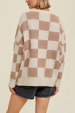 Checkered Pattern Ribbed Trim Sweater