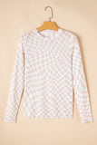 Black Checkered Pattern Mesh Mock Neck Long Sleeve Top