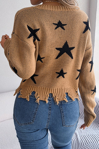 Star-Patterned Distressed Hem Sweater