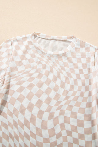 Black Checkered Pattern Mesh Mock Neck Long Sleeve Top